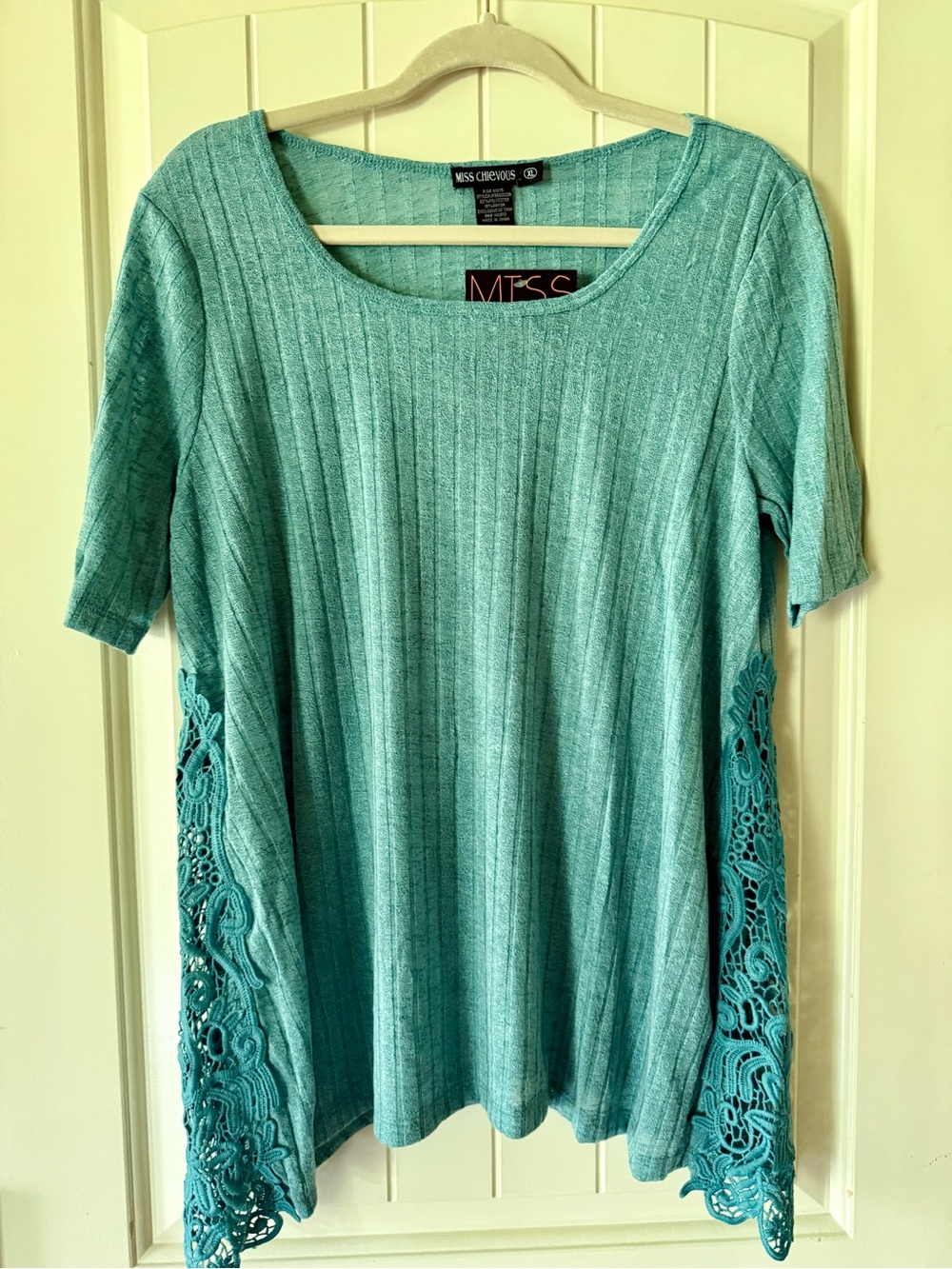 Miss Chievous Teal Ribbed Short-Sleeve Top with Lace Side Panels NWT